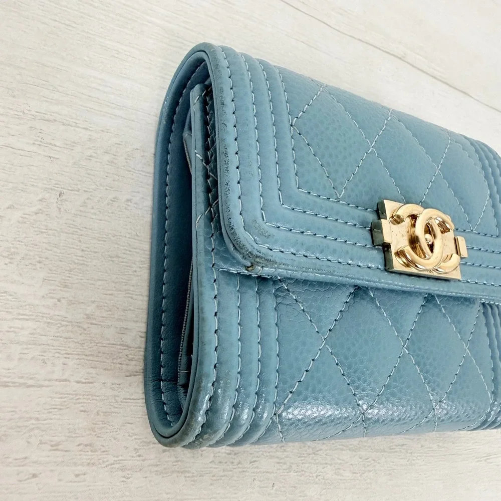 Chanel Boy Flap Wallet Light Blue Caviar Leather Gold Hardware Quilted Authentic